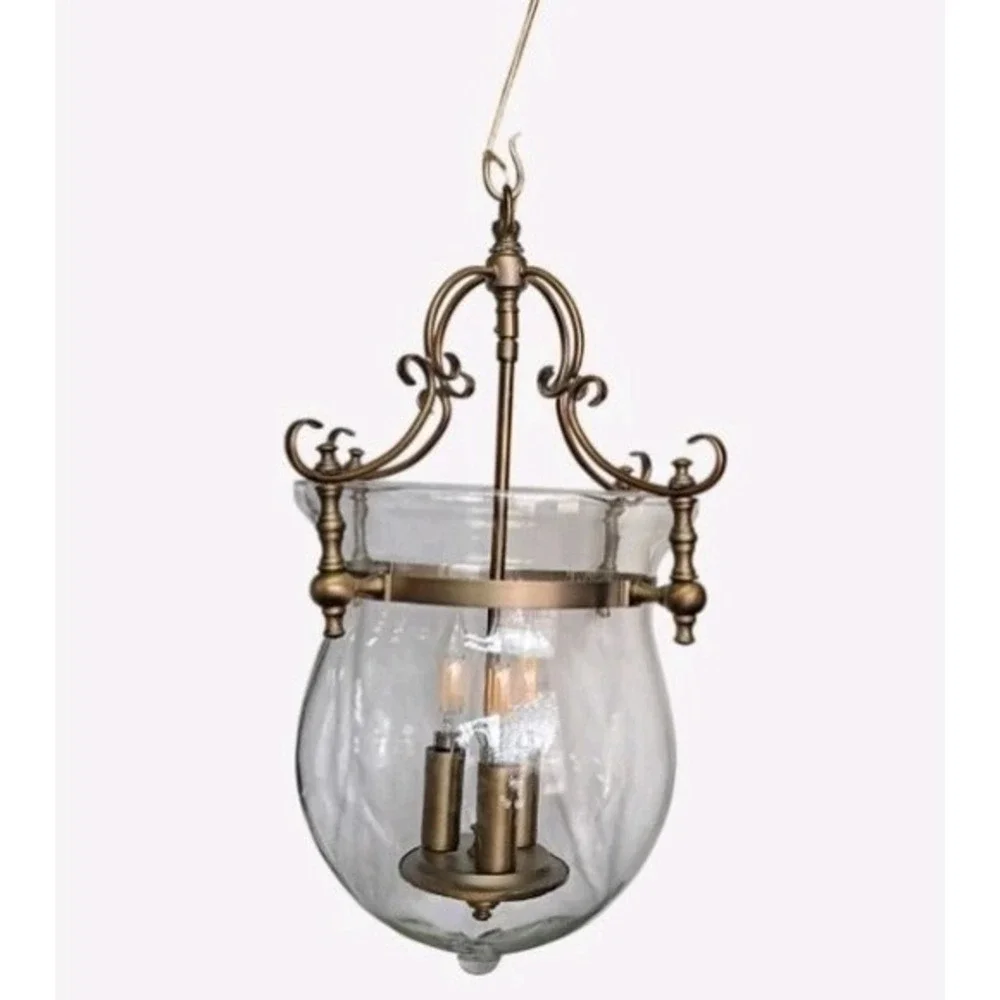 Brass French Bell Vintage Three Bulb Pendulum Chandelier Light